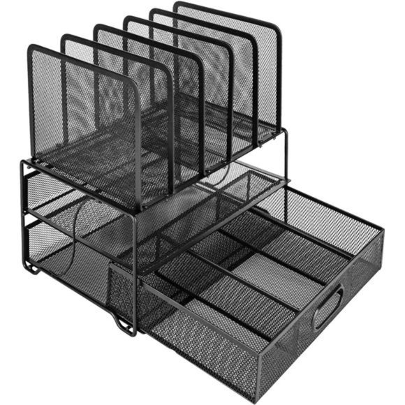 Other - Mesh Desk Organizer with Sliding Drawer, Double Tray, Black